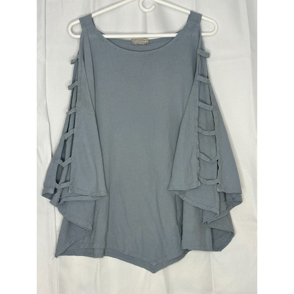 Cottonways Blue Gauze Cold Shoulder Ladder Sleeve Tunic Top Oversized Size 3